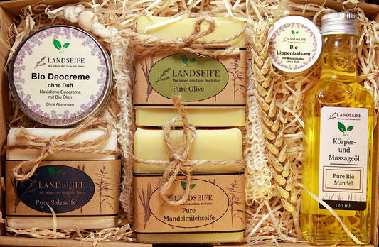 Naturseifen Set ohne Duft - für Allergiker und empfindliche Haut 7-teilig - 6 x Bio Naturkosmetik + Seifensäckchen
